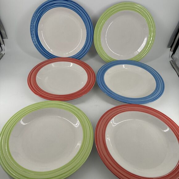 Dinner Plates Lot of 6 Gibson Everyday China 10 3/4" D Blue Red Green Stripe - Picture 1 of 8
